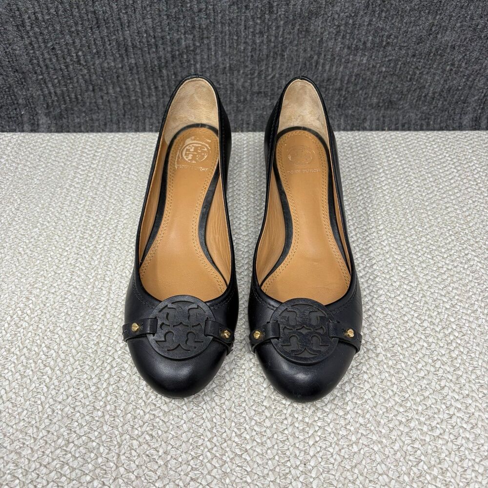 Tory Burch Mini Miller Block Heel Pumps Black Leather Double T Logo Women’s 8 M